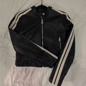 MANGO Black Leather Moto Jacket with White Stripes
